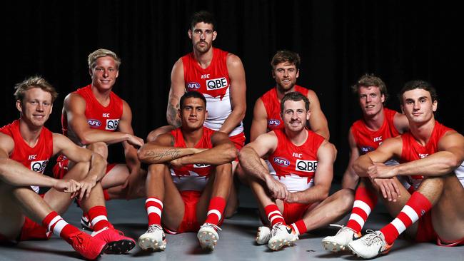 Sydney Swans players (L-R) Callum Mills, Isaac Heeney, James Bell, Sam Naismith, Dane Rampe, Harry Cunningham, Nick Blakey and Sam Wicks. Pic: Tim Hunter.