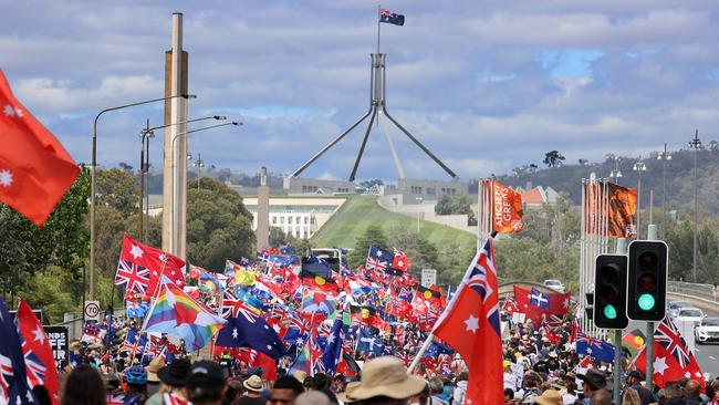 CANBERRA, AUSTRALIA NewsWire Photos FEBRUARY, 05 2022:  Thousands of people have turned up in the nationÃ¢â¬â¢s capital Canberra to protest as part of the Millions March. A massive crowd all waving flags brought the main access road to Parliament House to a holt as they crossed the Commonwealth bridge. Picture: NCA NewsWire / Gary Ramage