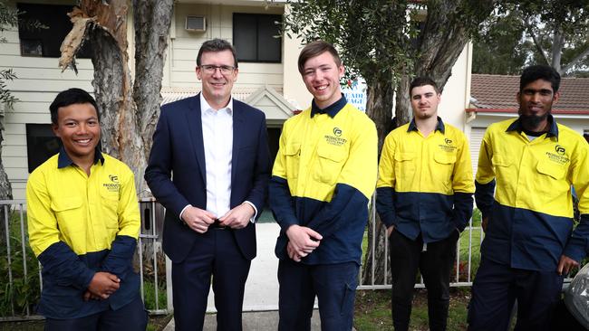 Federal Human Services Minister Alan Tudge joins recruits in western Sydney on a program designed to train young people so they are off welfare. Picture: Renee Nowytarger/The Australian