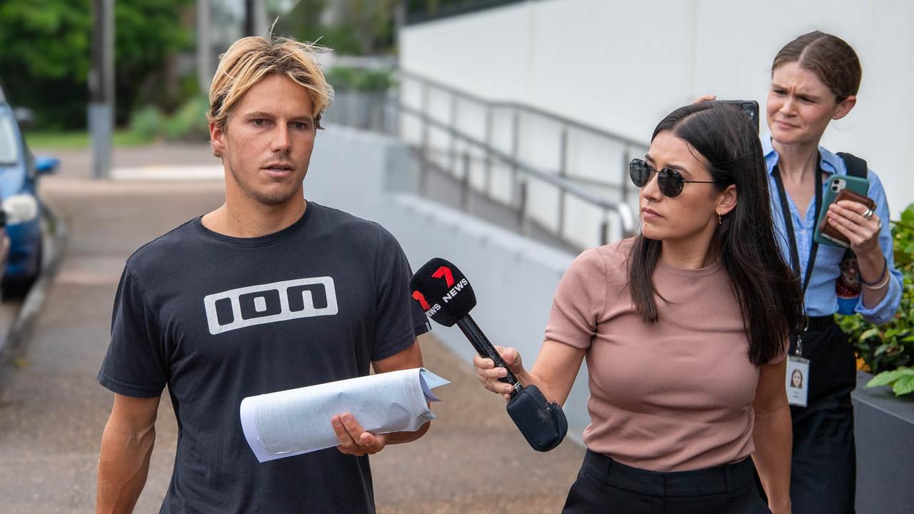 Connor John Christopher Lyons after being granted bail on Monday, being questioned by Channel 7 and ABC Sunshine Coast. Picture: Patrick Woods.