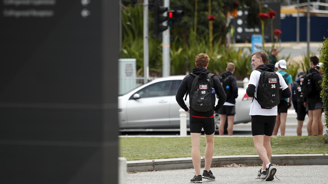 Matt Rowell (left) and Noah Anderson leave the 2019 AFL Draft Combine. Photo: Dylan Burns/AFL Photos via Getty Images.