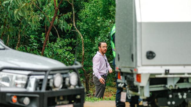 Police at the scene of the discovery of a body in a creek off Damabila Drive in Muirhead. Picture: Glenn Campbell