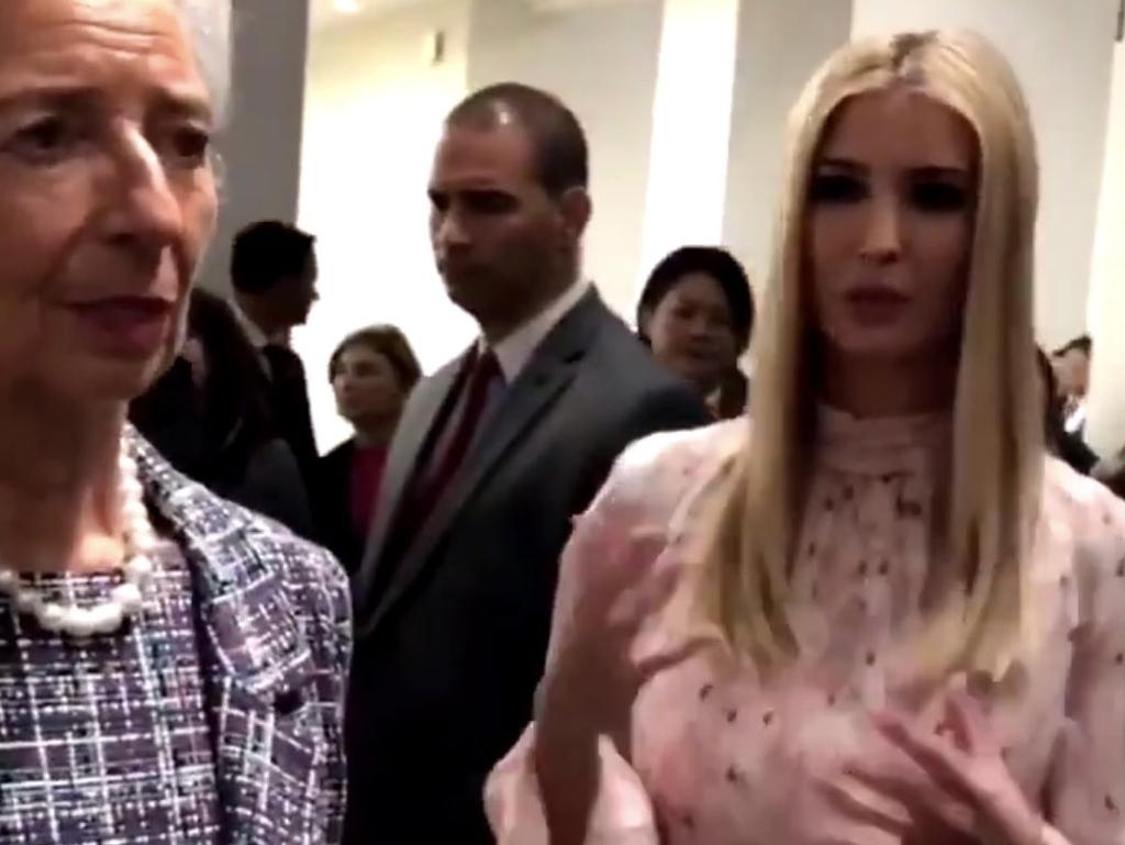 Ivanka Trump speaks with world leaders and stands next to IMF director Chrstine Lagarde. Picture: Elysee Palace