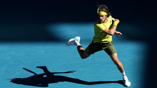 Stefanos Tsitsipas plays a forehand against Mikael Ymer. Picture: Getty Images