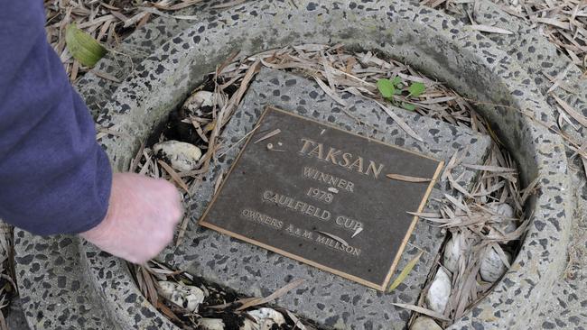 John Alexander tends a memorial to Caulfield Cup winner Taksan.