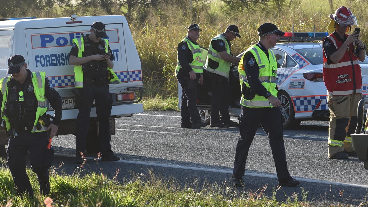 Tragic scenes at a fatal crash on the Bruce Highway near Pindi Pindi. Picture: Lillian Watkins