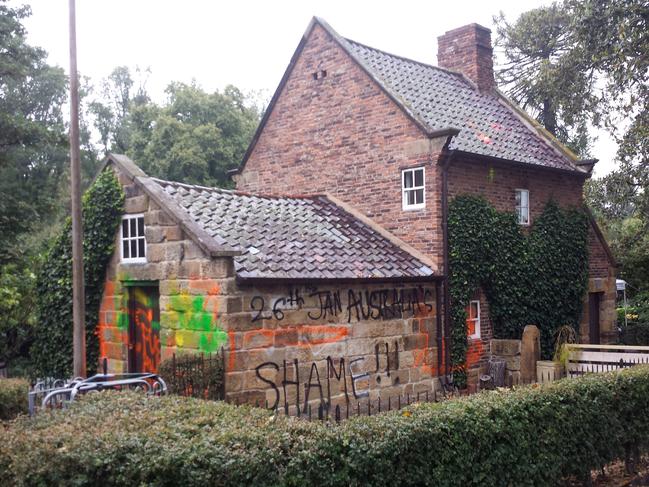 Captain Cook's cottage has been vandalised with anti-Australia Day graffiti. Picture: AAP