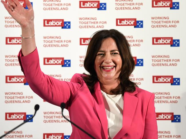 BRISBANE, AUSTRALIA - NewsWire Photos - OCTOBER 31, 2020.Queensland Premier Annastacia Palaszczuk waves as she celebrates her state election win during Labor's election night function at the Blue Fin Fishing Club in Inala. Picture: NCA NewsWire / Dan Peled