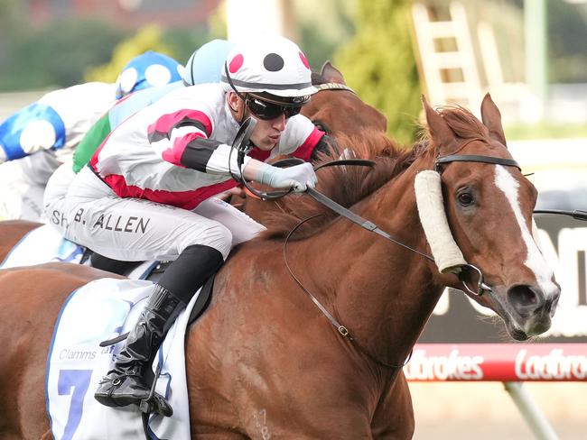 Jockey Ben Allen won the Group 2 Feehan Stakes aboard Pinstriped during a successful spring carnival. Picture: Racing Photos via Getty Images.