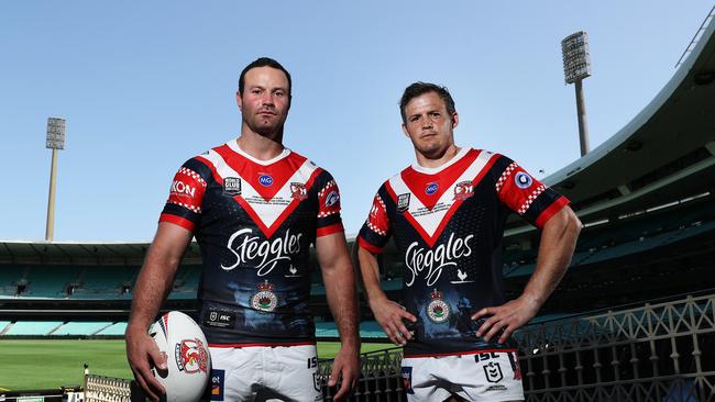 Sydney Roosters World Club Challenge jersey launch with players Boyd Cordner and Brett Morris at the SCG. Picture: Brett Costello