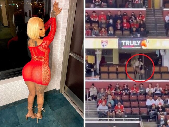 Fans at an ice hockey game were convinced rappers Kodak Black and Essence were having sex in a suite. Pictures: Instagram, Twitter