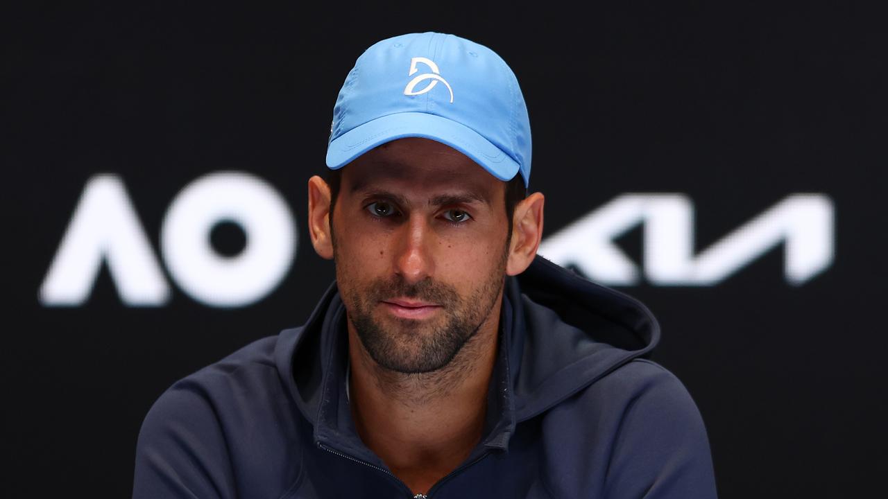 MELBOURNE, AUSTRALIA – JANUARY 14: Novak Djokovic of Serbia talks to the media during a press conference ahead of the 2023 Australian Open at Melbourne Park on January 14, 2023 in Melbourne, Australia. (Photo by Graham Denholm/Getty Images)