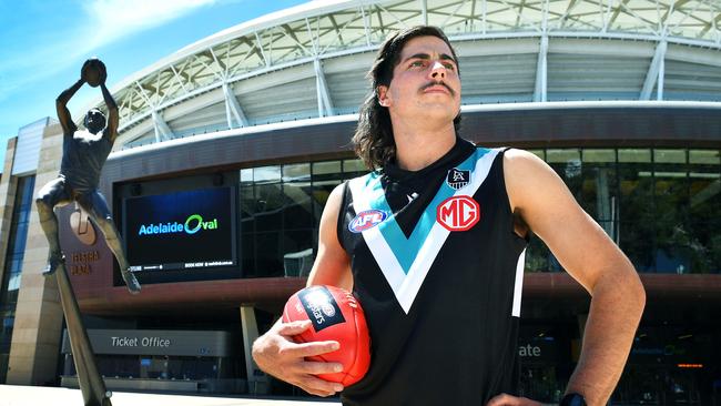 Port Adelaide draft pick Lachie Jones outside Adelaide Oval. Picture: Mark Brake