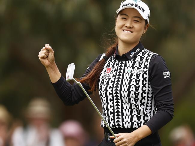 MELBOURNE, AUSTRALIA - DECEMBER 01: Minjee Lee of Australia celebrates a putt during Day 1 of the 2022 ISPS HANDA Australian Open at Victoria Golf Club December 01, 2022 in Melbourne, Australia. (Photo by Daniel Pockett/Getty Images)