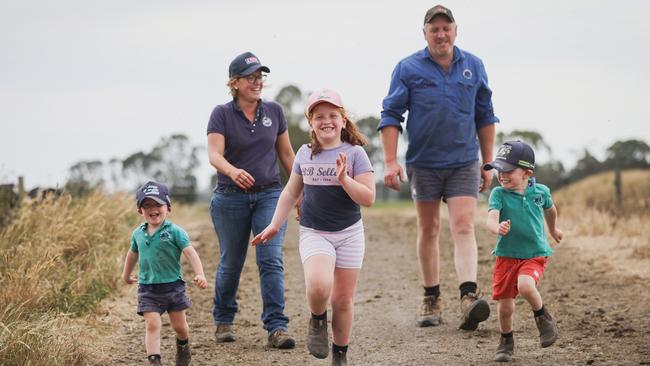 Irrewillipe dairy farmers Greg and Kim Wilson run Oakhampton Dairies milking 1100 cows on 1000ha. Pictured with their children Ella, 7,Henry, 4 and Lenny, 3. Pictures: Nicole Cleary