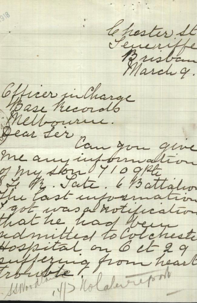 A letter by Isabel Tate sent in 1918 asking for any information about the loss of her son.