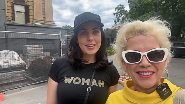 Kellie-Jay Keen and MP Moira Deeming outside Victorian Parliament on the day of the March “Let Women Speak” protest. Picture: YouTube