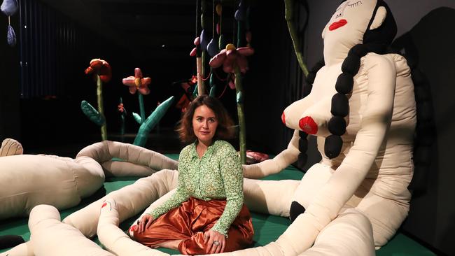 American artist Elena Stonaker with her work In Snakes Belly which forms part of the new Mona exhibition Eat the Problem. Picture: NIKKI DAVIS-JONES