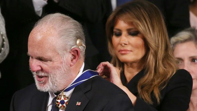 Melania Trump presents Rush Limbaugh with the Presidential Medal of Freedom in 2020. Picture: Getty Images.