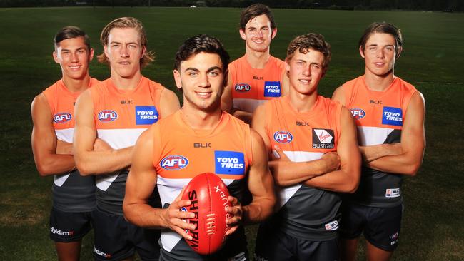 GWS Giants 2016 draft picks Isaac Cumming, Will Setterfield, Tim Tarranto, Zack Sproule, Harry Perryman and Lachlan Tiziani. Pic: Mark Evans