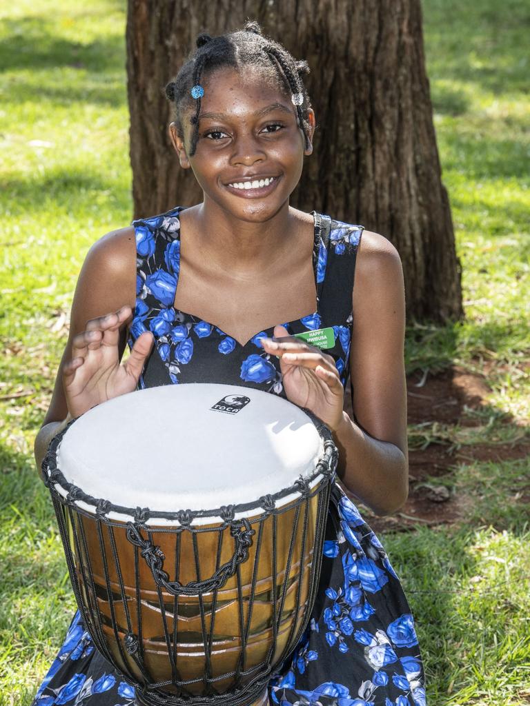 Happy Mwibusa from the drumming group. Harmony Day at Darling Heights State School assembly.