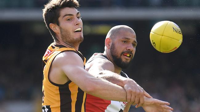 Ryder (R) competing for the footy in round four. Picture: Quinn Rooney/Getty Images