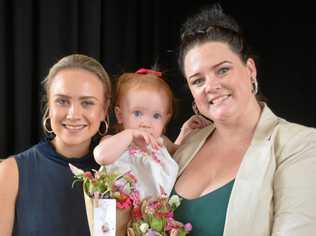 Annie Flamsteed and Chloe Watson were guest speakers at the International Women's Day Luncheon in Kingaroy. Chloe's daughter Rosie also made an on-stage appearance. Picture: Madeline Grace