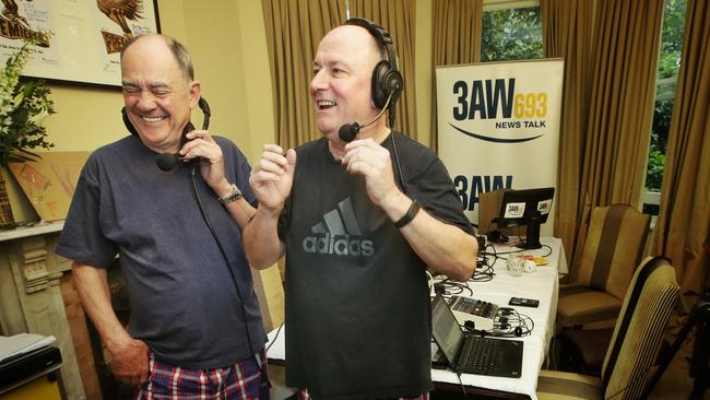 3AW Breakfast hosts Ross Stevenson and John Burns (L) broadcasting from Ross's home in a makeshift studio a few years ago. Picture: Hamish Blair