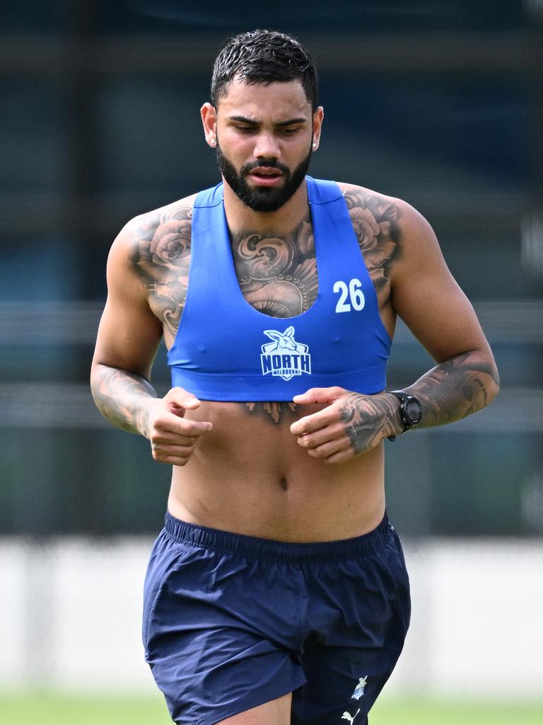 Tarryn Thomas of the Kangaroos runs during a North Melbourne training session at Arden St in November. Picture: Quinn Rooney/Getty Images via AFL Photos.