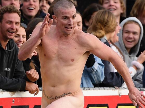 The crowd went wild at Garth's antics during the Mornington Peninsula Nepean football grand final. Picture: ANDY BROWNBILL