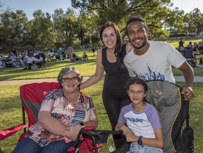 Alison Morrow, Emily Hassan, Abraham Hassan and Olivia Daniels ringing in the New Year at Nowingi Place in Mildura. Picture: Noel Fisher