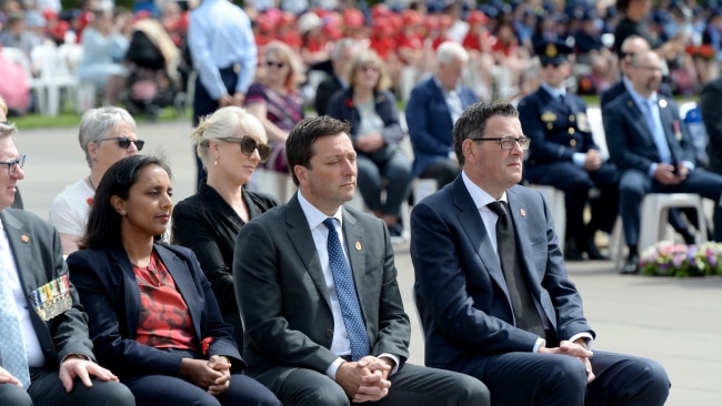 Victorian Premier Daniel Andrews and Opposition Leader Matthew Guy at the Remembrance Day ceremony at the Shrine of Remembrance in Melbourne. Picture: NCA NewsWire / Andrew Henshaw