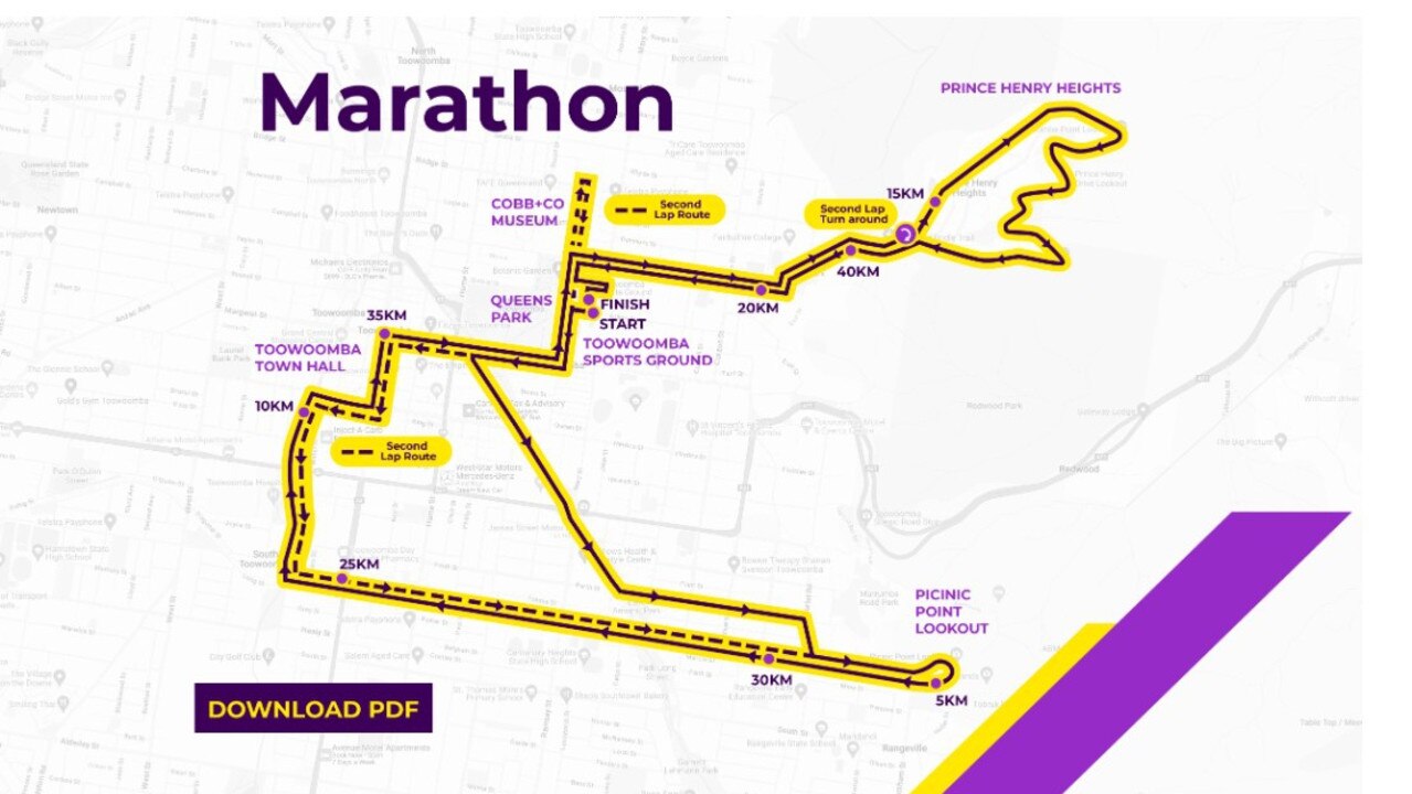 Map of the 2024 Toowoomba Marathon route.