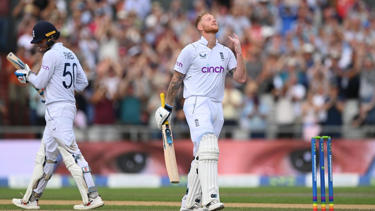 MANCHESTER, ENGLAND – AUGUST 26: England batsman Ben Stokes reaches his century during day two of the second test match between England and South Africa at Old Trafford on August 26, 2022 in Manchester, England. (Photo by Stu Forster/Getty Images)