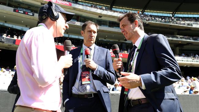 Gerard Whateley (left) interviews Cricket Australia CEO James Sutherland and English Cricket Board CEO Tom Harrison during the Boxing Day Test.