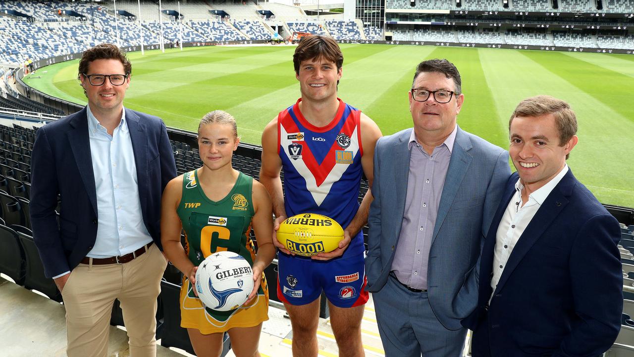 Geelong Cats chief strategy and growth officer Marcus King, Leopold netballer Millie Holand, South Barwon’s Matt Caldow, Kardinia Park Stadium Trust chief executive Gerard Griffin and AFL Barwon regional manager Edward Wilson. Picture: Alison Wynd