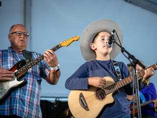 MUSTER MILESTONE: Gayndah's nine-year-old Noah Coulson stepped on a Gympie Muster stage for the first time in 2018, alongside his grandfather Dr Geoff Walden. Picture: Leeroy Todd