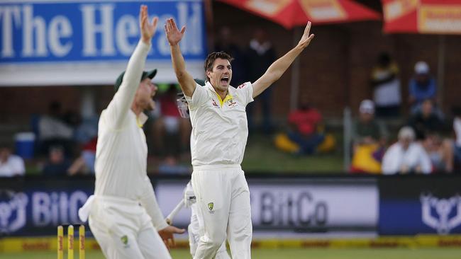Pat Cummins successfully appeals for the wicket of Aiden Markram. Picture: AFP