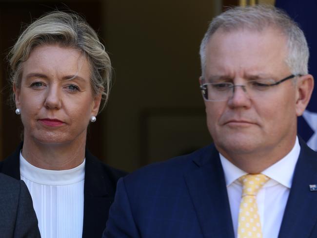 Prime Minister Scott Morrison with David Littleproud, Michael McCormack, Bridget McKenzie, and Dan Teehan during a press conference at Parliament House in Canberra. Picture Gary Ramage