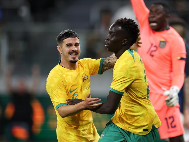 Marco Tilio (left) and Garang Kuol will lead Australia’s charge for Olympic Games qualification. Picture: Mark Kolbe/Getty Images