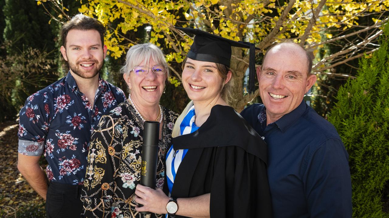 Bachelor of Communication and Media (Journalism) graduate Jessica Klein celebrates with family (from left) Brett, Tracey and Rodney Klein at a UniSQ graduation ceremony at Empire Theatres, Tuesday, June 27, 2023. Picture: Kevin Farmer