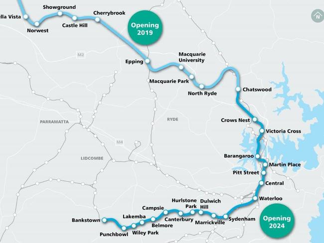 A map of the Sydney Metro route.