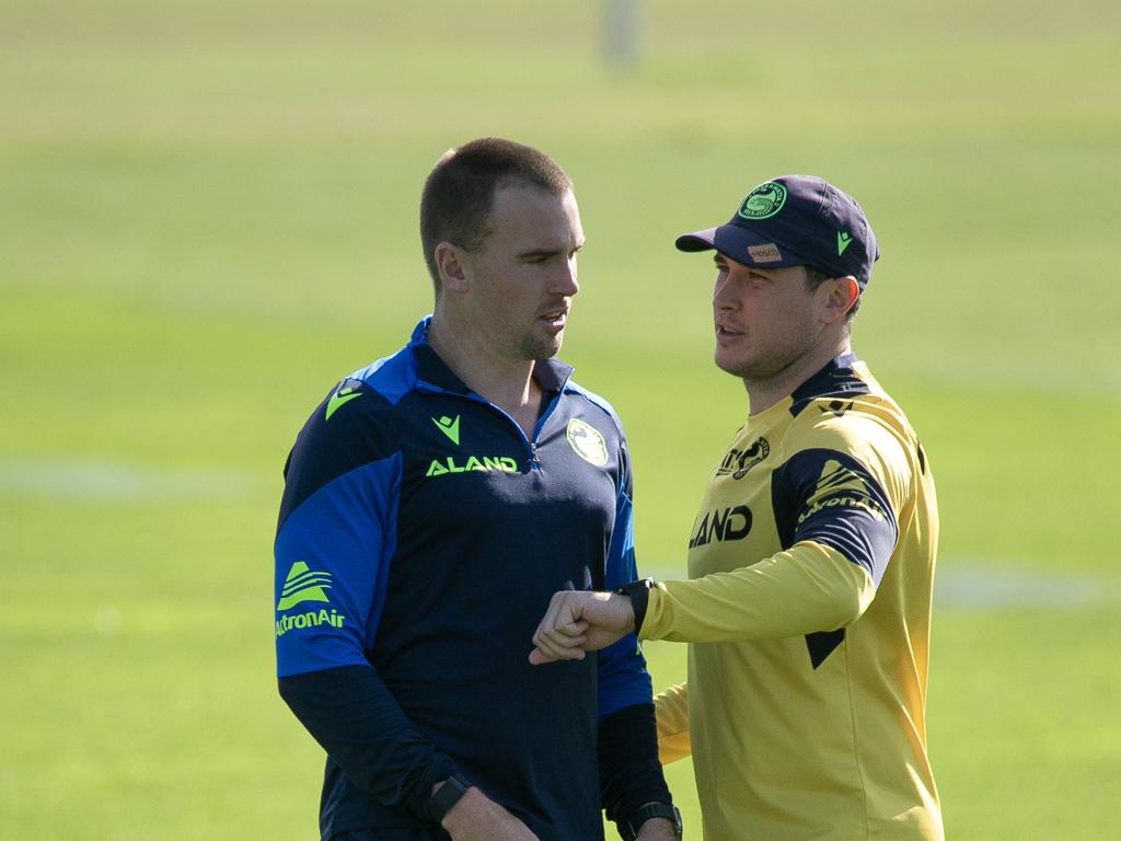 Daily Telegraph 15th May 2024 Clint Gutherson [left] with Mitchell Moses at Parramatta Eels training in Kellyville today Photograph - Brendan Read