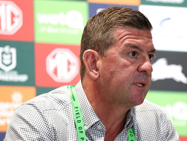 SYDNEY, AUSTRALIA - APRIL 13: Rabbitohs coach, Jason Demetriou speaks to the media following the round six NRL match between South Sydney Rabbitohs and Cronulla Sharks at Accor Stadium, on April 13, 2024, in Sydney, Australia. (Photo by Brendon Thorne/Getty Images)