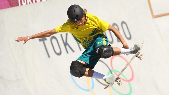 Keegan Palmer of Team Australia competes in the Men's Skateboarding Park Finals on day thirteen of the Tokyo 2020 Olympic Games at Ariake Urban Sports Park on August 05, 2021 in Tokyo, Japan. Picture: Ezra Shaw/Getty Images.