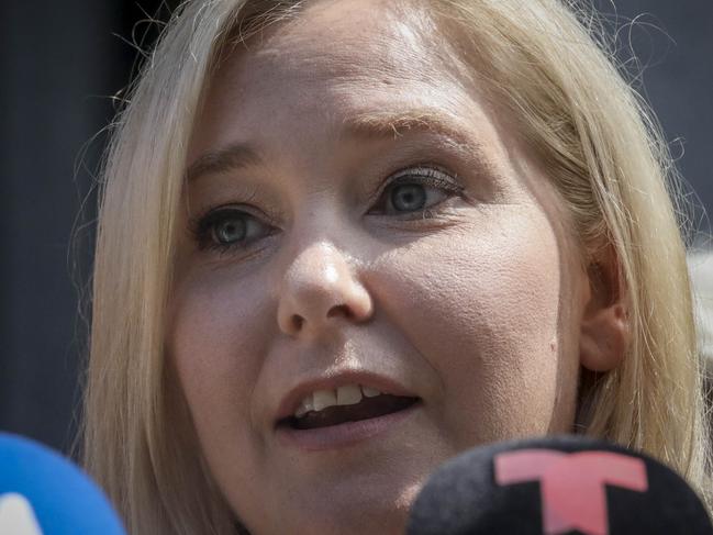 Virginia Roberts Giuffre, a sexual assault victim, speaks during a press conference outside a Manhattan court in New York. Picture: AP