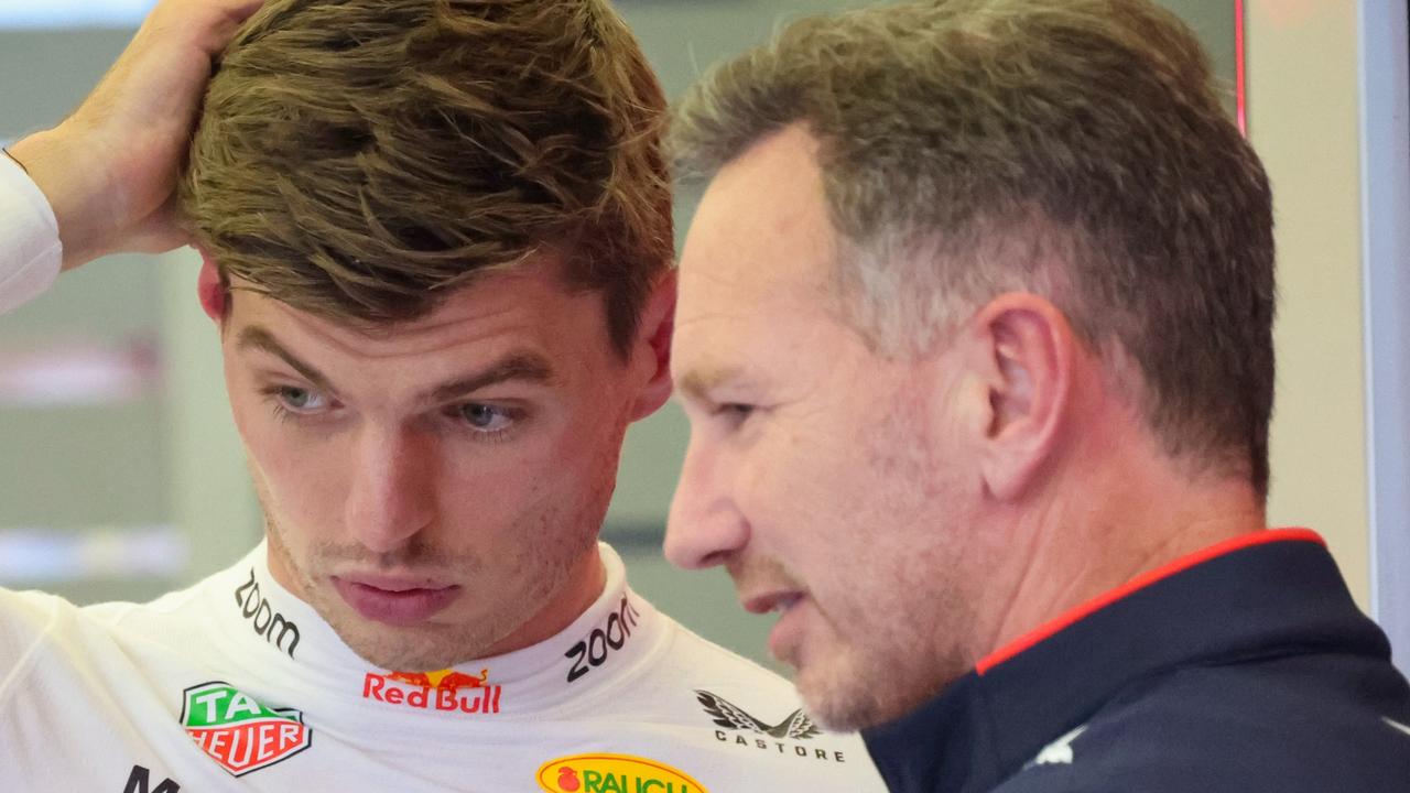 BAHRAIN, BAHRAIN - MARCH 01: Max Verstappen of the Netherlands and Oracle Red Bull Racing talks with Oracle Red Bull Racing Team Principal Christian Horner in the garage during final practice ahead of the F1 Grand Prix of Bahrain at Bahrain International Circuit on March 01, 2024 in Bahrain, Bahrain. (Photo by Bob McCaffrey/Getty Images)