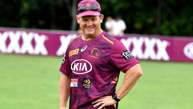 Kevin Walters runs his eye over Broncos training. Picture: John Gass