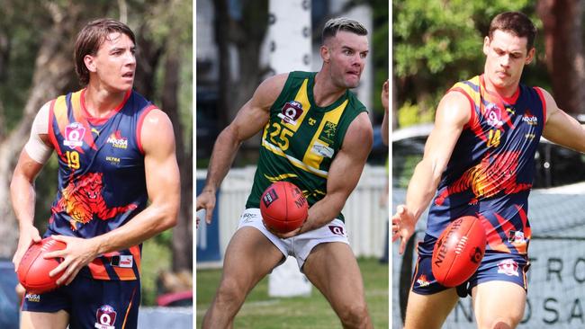 Noosa players Mitch Langan and Ryan Crisp. New Maroochydore recruit Aaron Wilson. Pictures: Craig Slaney Sports Photography and Highflyer Images.