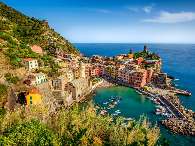 Aerial view of Vernazza at susnet. Cinque Terre. Italy